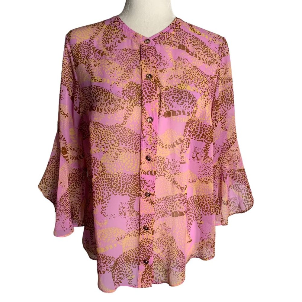 Cabi Leopard Minx Sheer Blouse Top M Lilac Flutter Half Sleeves Button Up
